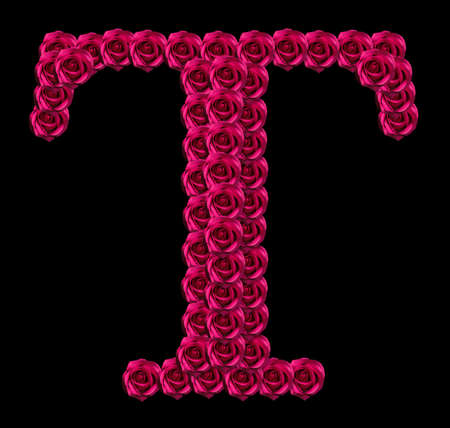 romantic concept image of a capital letter T made of red roses. Isolated on black background. Design element for love or valentines themesの写真素材