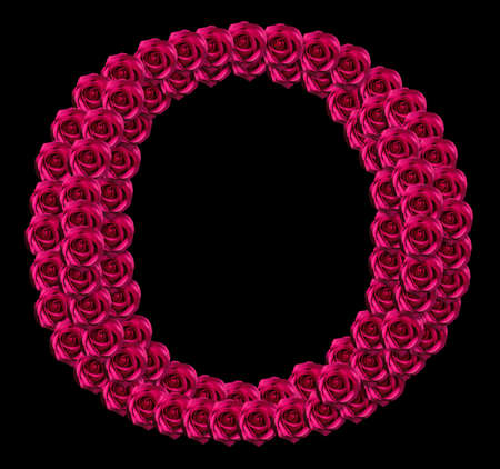 romantic concept image of a capital letter O made of red roses. Isolated on black background. Design element for love or valentines themesの写真素材