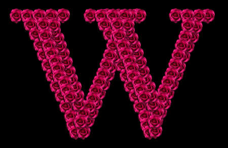 romantic concept image of a capital letter W made of red roses. Isolated on black background. Design element for love or valentines themesの写真素材
