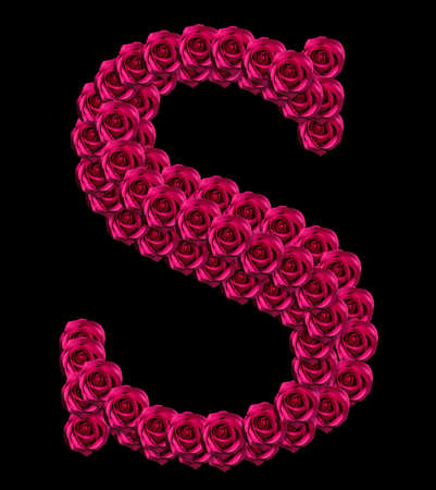 romantic concept image of a capital letter S made of red roses. Isolated on black background. Design element for love or valentines themesの写真素材