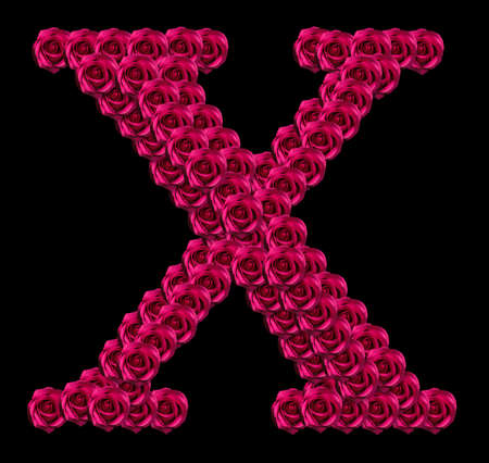 romantic concept image of a capital letter X made of red roses. Isolated on black background. Design element for love or valentines themesの写真素材