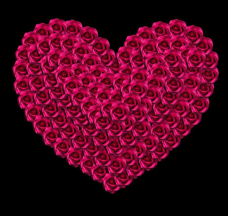 love concept image of heart shape made of red roses isolated on black backgroundの写真素材