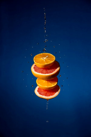 orange and grapefruit slices levitating with water drops on textured blue backgroundの写真素材
