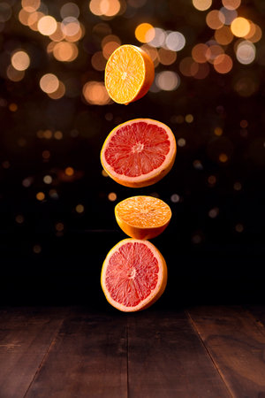 creative image of ripe orange and grapefruit slices falling on brown rustic wooden table with bokeh lights in the backgroundの写真素材