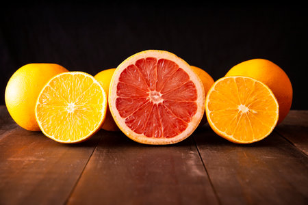 close up image of ripe orange and grapefruit slices and several whole oranges on brown rustic wooden table and black backgroundの写真素材