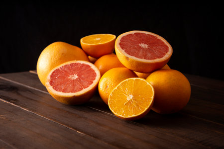 ripe orange and grapefruit slices and several whole oranges on brown rustic wooden tableの写真素材