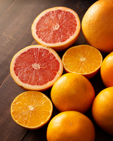 ripe orange and grapefruit slices and several whole oranges on brown rustic wooden tableの写真素材