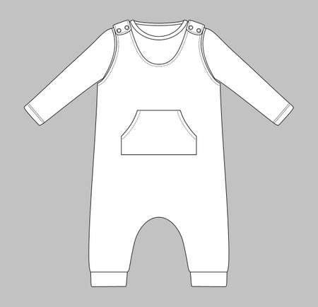 basic baby sleeveless romper with press studs on shoulder and kangaroo pocket with long sleeve top. Flat sketch template isolated on gray backgroundのイラスト素材