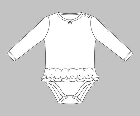 baby girl bodysuit with ruffle trimming at waist and press studs on shoulder. Flat sketch template isolated on gray backgroundのイラスト素材