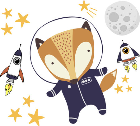 cute fox in astronaut suit and space design elements. Drawn style illustration. Can be used for nursery decoration, design for baby and kidsのイラスト素材
