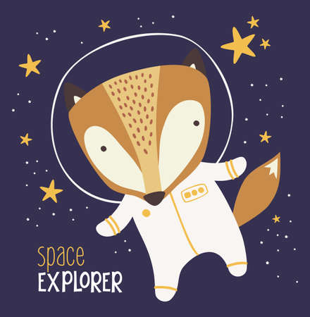 Cute fox in astronaut suit on starry background. Drawn style illustration. can be used for nursery decoration, design for baby and kidsのイラスト素材