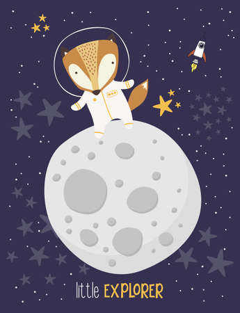 Cute fox in astronaut suit on starry background and moon. Drawn style illustration. can be used for nursery decoration, design for baby and kidsのイラスト素材