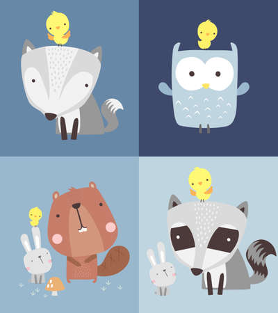 Set of cute forest animals illustration. Wolf, owl, raccoon and squirrel with little rabbit. Hand drawn style. can be used for nursery decoration, baby and kids wear, fashion print designのイラスト素材