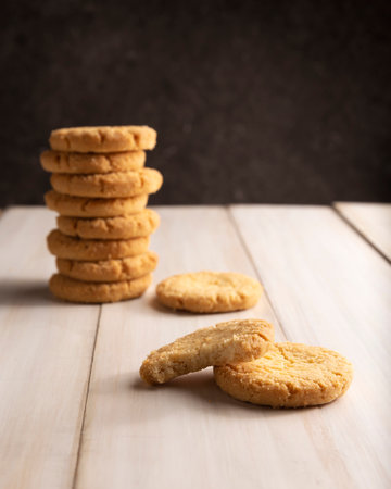 Homemade crunchy cookies on white wooden rustic tableの写真素材