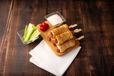 delicious snack of sausages wrapped in puff pastry with sesame seeds accompanied by cherry tomatoes, celery sticks and sauce. Served on wooden boardの写真素材