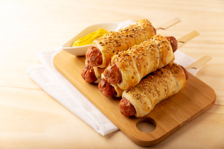 delicious snack of sausages wrapped in puff pastry with sesame seeds accompanied by mustard. Served on wooden boardの写真素材
