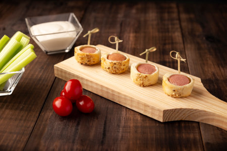 delicious snack of sliced sausages bites wrapped and in puff pastry with sesame seeds accompanied by cherry tomatoes, celery sticks and sauce. Served on wooden boardの写真素材