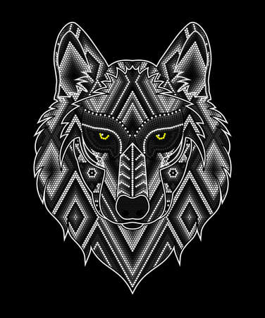 vector illustration of colorful beaded wolf head inspired in mexican huichol art. Isolated on black background.のイラスト素材