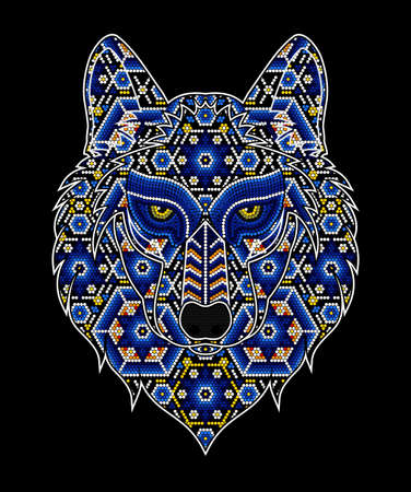 vector illustration of colorful beaded wolf head inspired in mexican huichol art. Isolated on black background.のイラスト素材