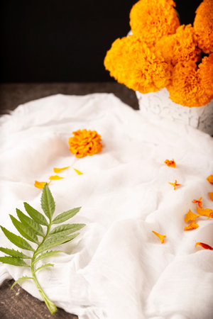 Cempasuchil orange flowers or Marigold. (Tagetes erecta) Traditionally used in altars for the celebration of the day of the dead in Mexicoの写真素材