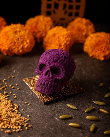 mexican skull made of chocolate. In Mexico culture named "calaverita de azucar" and Cempasuchil flowers or Marigold. Traditionally used in altars for the celebration of the day of the deathの写真素材