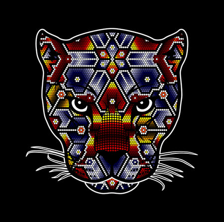 vector illustration of colorful beaded wild cat head which could be a jaguar, cougar, leopard, etc. Inspired in mexican huichol art. Isolated on black background.のイラスト素材