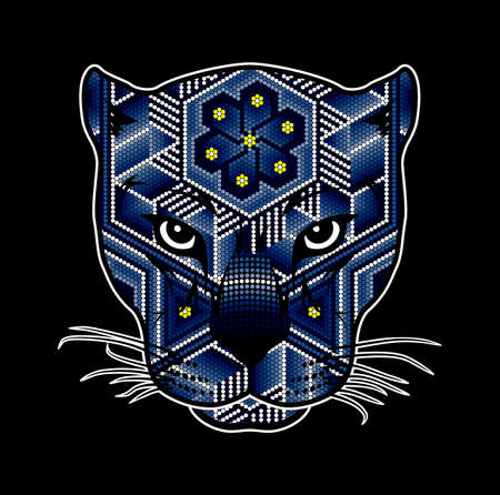 vector illustration of colorful beaded wild cat head which could be a jaguar, cougar, leopard, etc. Inspired in mexican huichol art. Isolated on black background.のイラスト素材