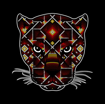vector illustration of colorful beaded wild cat head which could be a jaguar, cougar, leopard, etc. Inspired in mexican huichol art. Isolated on black background.のイラスト素材
