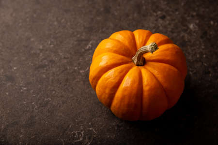 Small orange pumpkin close up. Pumpkins are widely grown for commercial use and as food, aesthetics, and recreational purposes. Much consumed on Thanksgiving Day and Halloween decorationの写真素材