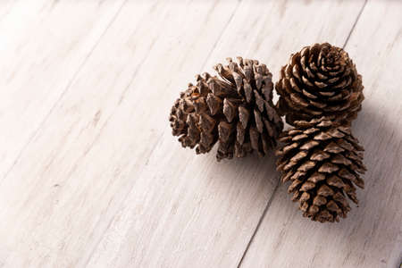 close up of pine cones on white wooden background. Copy space for your text