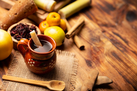 Fruit punch. Christmas fruit punch is an infusion that is consumed in Mexico, traditionally during posadas and Christmas. Served in a clay cup called jarrito or cantaritoの写真素材