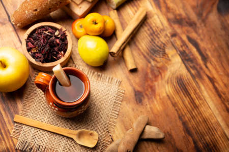 Fruit punch. Christmas fruit punch is an infusion that is consumed in Mexico, traditionally during posadas and Christmas. Served in a clay cup called cantaritoの写真素材
