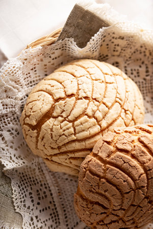 shells. Mexican sweet bread roll with seashell-like appearance, Usually eaten with coffee or hot chocolate at breakfast or as an afternoon snack.の写真素材