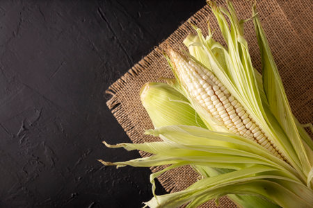 Top View Image of raw white corn on the cob on black rustic surface. copyspace. close up. Flat lay.の写真素材