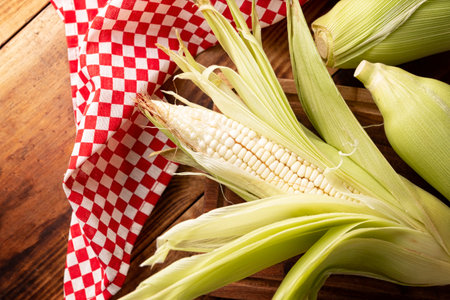 Close up image of raw white corn on the cob on wooden rustic surface. Top view with copy space.の写真素材