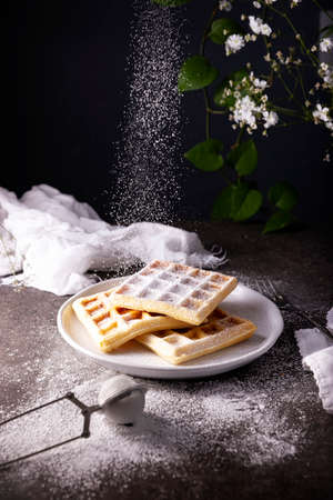 Powdered sugar falling on homemade waffles on white dish.の写真素材