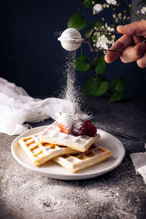 Human hand sprinkling powdered sugar on homemade waffles with strawberries and raspberries on white dish.の写真素材