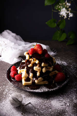 Darkfood style Photography of homemade waffles with chocolate, fruits and icing sugarの写真素材