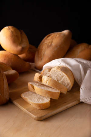 Bobbins. Traditional Mexican bakery. White bread commonly used to accompany food and to prepare Mexican sandwiches called Tortas.の写真素材