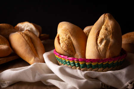 Bobbins. Traditional Mexican bakery. White bread commonly used to accompany food and to prepare Mexican sandwiches called Tortas.の写真素材