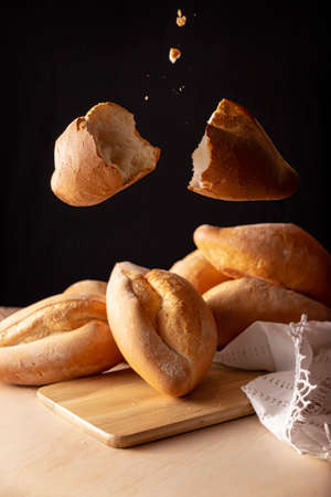 Floating bobbins. Traditional Mexican bakery. White bread commonly used to accompany food and to prepare Mexican sandwiches called Tortas.の写真素材