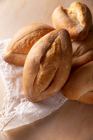 Bobbins. Traditional Mexican bakery. White bread commonly used to accompany food and to prepare Mexican sandwiches called Tortas.の写真素材