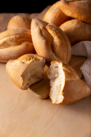 Bobbins. Traditional Mexican bakery. White bread commonly used to accompany food and to prepare Mexican sandwiches called Tortas.の写真素材