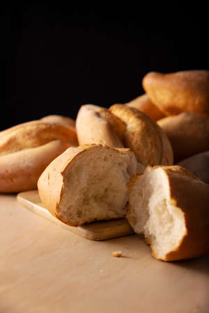 Bobbins. Traditional Mexican bakery. White bread commonly used to accompany food and to prepare Mexican sandwiches called Tortas.の写真素材