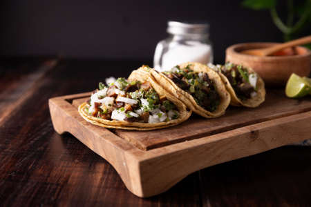 Tacos from Suadero. Fried meat in a corn tortilla. Street food from CDMX, Mexico, traditionally accompanied with cilantro, onion and spicy red sauceの写真素材