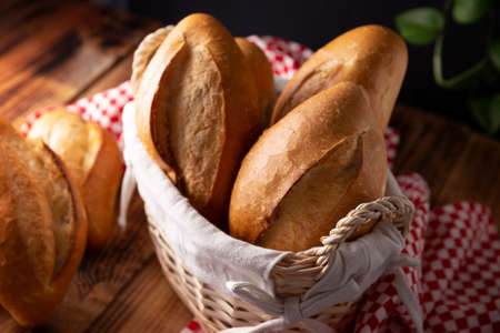 Bobbins. Traditional Mexican bakery. White bread commonly used to accompany food and to prepare Mexican sandwiches called Tortas.の写真素材