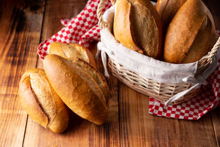 Bobbins. Traditional Mexican bakery. White bread commonly used to accompany food and to prepare Mexican sandwiches called Tortas.の写真素材