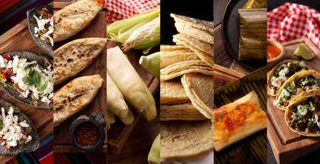 Collage of different assortment of mexican street food made with corn. Tlacoyos, Tortillas, Tamales, Suadero Tacosの写真素材