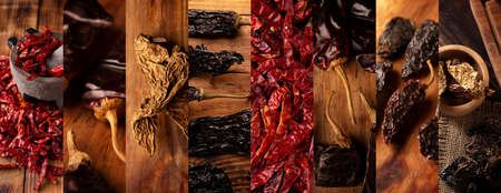 Panoramic collage of different assortment of dried mexican chili peppers. Chile Morita, Guajillo, de arbol, Chipotle and Pasilla. Used in a variety of Mexican preparations.の写真素材