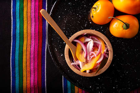 Chopped Red Onion. Chopped purple onion with manzano chili and spices, a very popular preparation in Mexico to accompany tacos and a wide variety of dishesの写真素材